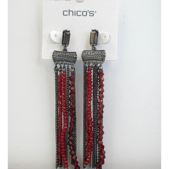 Chico's Red Tassel Beaded Chain Statement Earrings - Picture 4 of 7